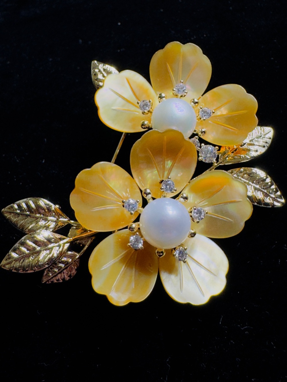Gold-Tone Yellow Flower Brooch with Pearl Centers
